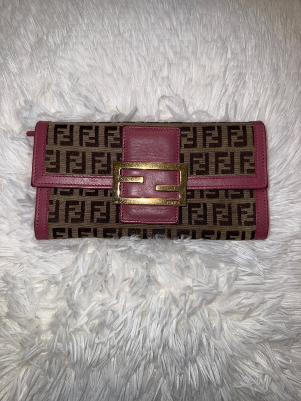 Fendi Zucchino Brown Zucca Canvas Clutch with Pink Leather Trim Silver Hardware